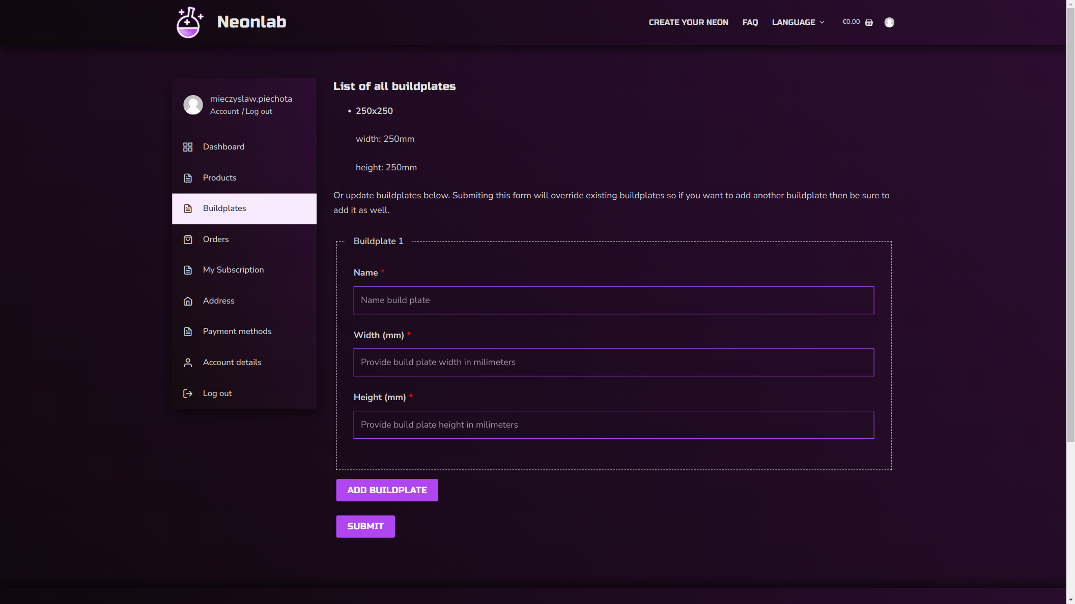 Neonlab App Tutorial Buildplates